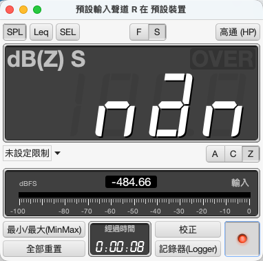 REW 的音壓計。上排是量測模式與加權，中間是主讀數，下方是輸入電平（dBFS）與校正入口。